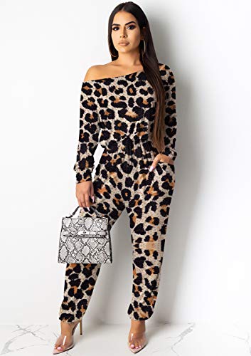 Deloreva Women One Shoulder Jumpsuit - Casual Fall Long Sleeve Loose One Piece Pants Suit Set Club Outfit Leopard S thumb #1