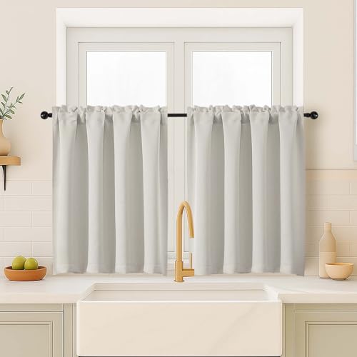 Image of Natural Curtains for Small Window Treatment, Light Blocking Short Kitchen Window Curtains Over Sink, Dual Rod Pocket Half Window Tiers for Bathroom Basement, Each 40Wx36L, 2 PCS