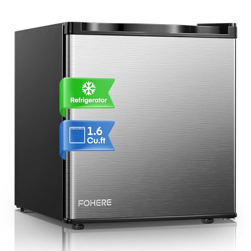 1.6 Cu.ft Mini Fridge for Bedroom, Mini Fridge with Freezer, 7-Level Adjustable Thermostat, Small Compact Refrigerator, Stainless Steel