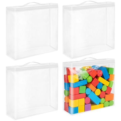 DARENYI 4Pcs Toy Storage Bags with Zips, PVC Clear Waterproof Toy Organiser Bags with Handle, Portable Toy Storage Organiser for Building Blocks, Puzzle, Kids Books, Stuffed Animals