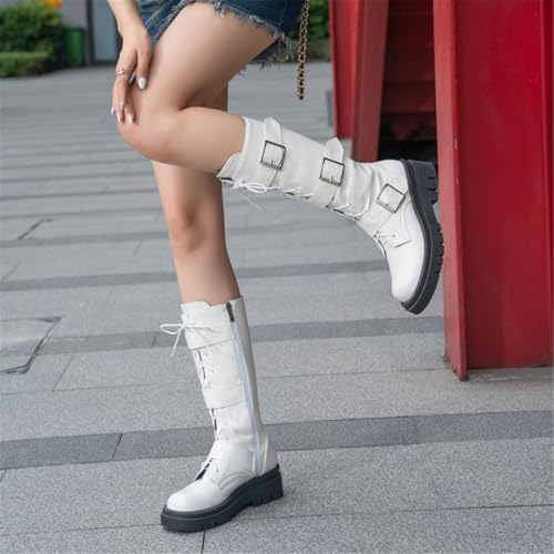 Image of FOREADA Goth Boots Chunky Heel Boot For Women Ankle Combat Booties Black Platform Bootie Buckle Rivets Punk Goth Shoes With Zipper
