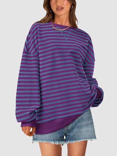 Image of PRETTYGARDEN Womens Striped Oversized Sweatshirt Color Block Crew Neck Long Sleeve Casual Loose Pullover Top Y2K Clothes
