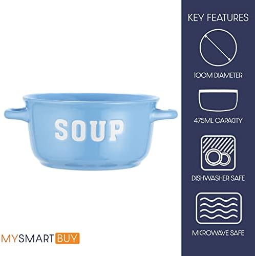 MySmartBuy.com Set of 4 Multi Colour Soup Bowls  16oz / 475ml Dishwasher & Microwave Safe Ceramic Stoneware Soup Bowl with Handles  Soup, Cereal, Stew Serving Set for 4 People 13 x 10 x 6cm
