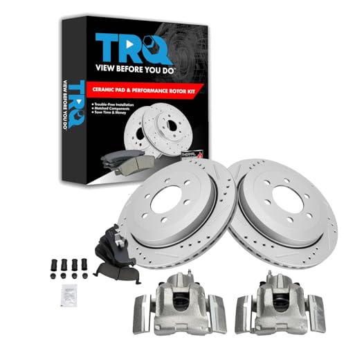 Image of TRQ Rear Performance Brake Pad, Caliper, & Rotor Kit Ceramic Vented Premium G-Coated Compatible with 2007-2017 Ford Expedition Lincoln Navigator
