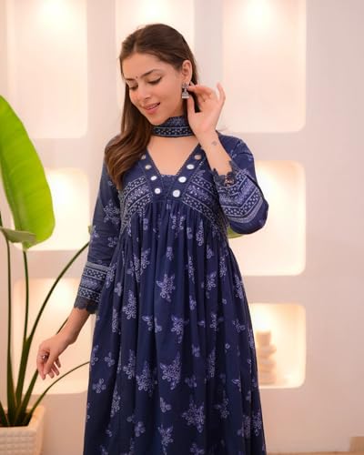 Image of Nermosa Women Printed Anarkali Kurta and Pant Set with Dupatta