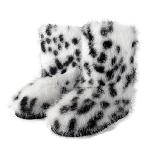 Eosxrp Furry Faux Fur Boots Women's Winter Shoes Woman Fluffy Warm Snow Boots Mid-Calf Comfortable Outdoor Flat (Black White - Leopard, Adult, Women, 8, Numeric, US Footwear Size System, Medium)