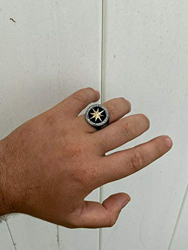 HarlemBling Solid 925 Sterling Silver & 10k Yellow Gold - Mens Compass Ring - Sizes 7-13 Nautical Anchor Ring (11)