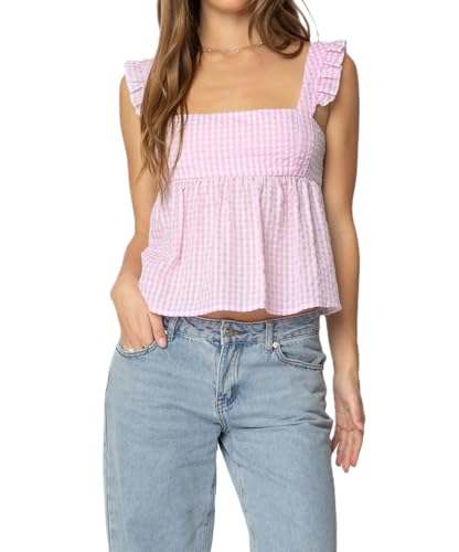 Women Teens Y2k Babydoll Tank Top Lace Trim V Neck Ruffle Flowy Crop Cami Top Summer Preppy Clothes Streetwear