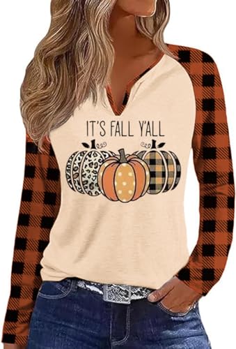 Fall Season V Neck Shirt for Women Funny Halloween Thanksgiving Plaid Long Sleeve Graphic Tee Family Party Raglan Tops