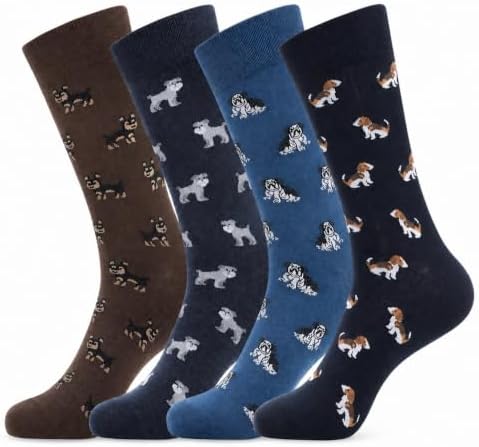 KONY Men's Cotton Crew Dress Socks, Fun and Striped Patterns, 4 Pairs