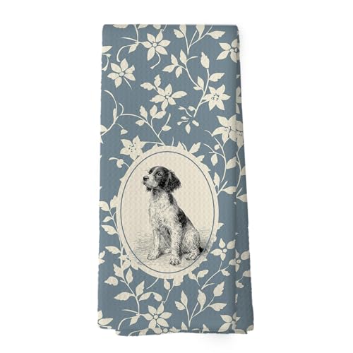XPH Blue Floral Brittany Spaniel Dog Kitchen Dish Towels, Brittany Spaniel Gifts for Women, Dog Lovers Mom Gifts, Vintage Blue Floral Golden Doodle Hand Towel Kitchen Tea Towels Decorations, 16x24inch
