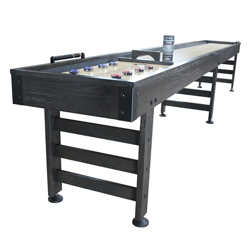 Playcraft Saybrook Shuffleboard Table with DIY Assembly - 12â€™ Fully Knock-Down Shuffle Board Game Table with Abacus, 8 Pucks & Premium Wax - Pro Style Climate Adjusters - Midnight Charcoal Gray