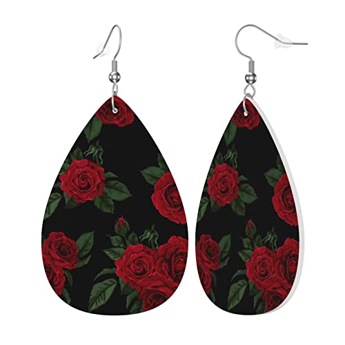 Vintage Red Rose Black Faux Leather Teardrop Earrings for Women Drop Dangle Earrings2