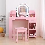 GRANDE CAPACITÉ DE RANGEMENT: Cet coiffeuse pour petites filles est équipé de deux étagères doubles, deux niches ouvertes, une bibliothèque latérale et un tiroir spacieux, offrant ainsi un espace généreux pour ranger leurs accessoires préférés : barrettes, bandeaux, peignes, vernis à ongles et autres objets.