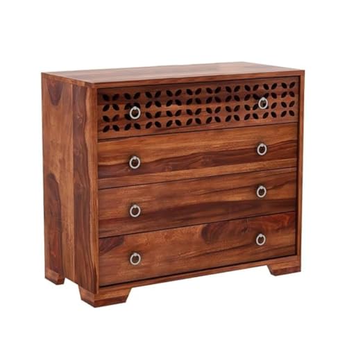 Image of Amazon Brand - Solimo Solid Sheesham Wood Kundal Sideboard Cabinet with 4 Spacious Drawers - Multipurpose Handcrafted Wooden Chest of Drawers for Living Room, Bedroom, Hallway Storage (Honey Finish)