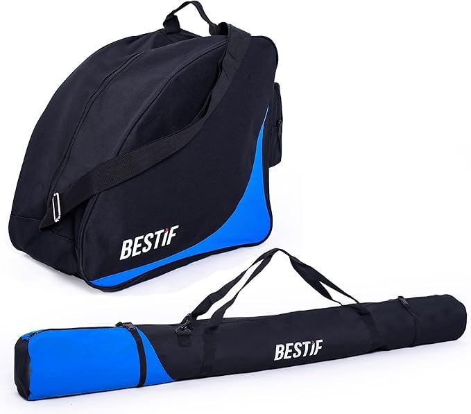 BESTIF Skitas skitas set voor ski's tot 175 cm, waterdichte skitas boottas voor skischoenen | zwarte skitas met draagriem, duurzame tas (zwart- blauw
