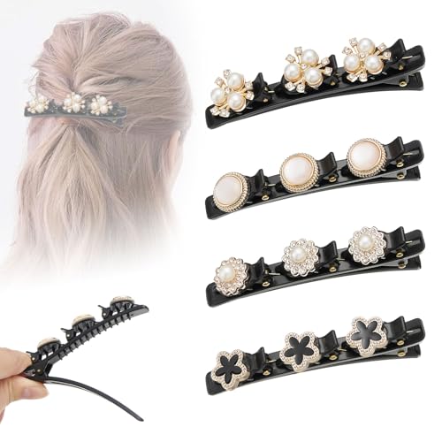 ZOUIQSS 4 Pcs Elegant Floral Braided Rhinestone Hair Clips, Sparkling Crystal Stones, Double Layer, All Hair Types, 4 Count