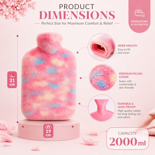 Image of Hot Water Bag with Soft Plush Cover 2000ml, Medical Grade Silicone Hot Water Bottle for Period Cramps, Hot & Cold Therapy, Back Pain, Muscle Aches, Body Relaxation Heating Pad (Rainbow Swirl)