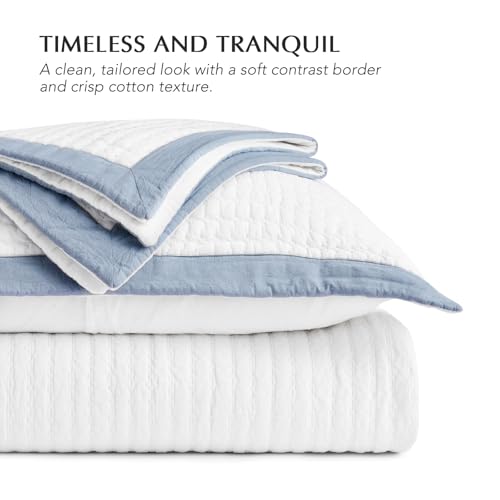 EVERGRACE Cotton Border Frame Tack-Stitch Quilt Bedding Set Queen Size, Coastal Oversized 3 Pieces Lightweight Bedspread Coverlet for All Season, with 2 Matching Shams, Blue Linen - Image 4