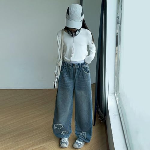 Kids Girls Jeans Wide Leg Baggy Button Denim Pants Elastic High Waist Trousers Breathable Trendy Streetwear with Pockets2
