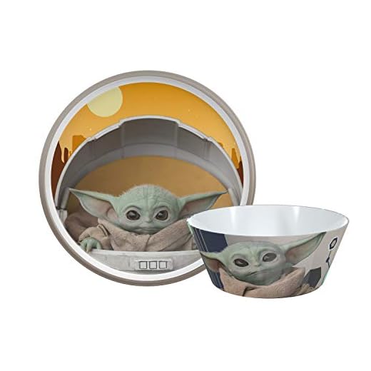 Zak Designs Star Wars The Mandalorian Dinnerware Set Includes Plate and Bowl, Made of Durable Melamine and Perfect for Kids (Baby Yoda, Grogu, 2-Piece Set, BPA-Free)