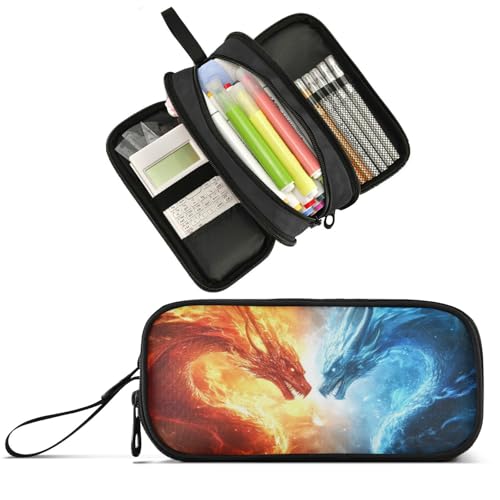 Image of Wfrish Red Dragon Fire Blue Large Capacity Pencil Case, 3 Compartments Pen Pouch Organizer for School College Office, Zippers Big Pencil Bag for Teens Adults Girls Boys Makeup