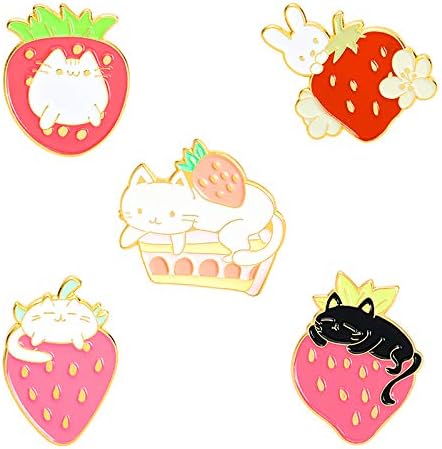 Sweet Strawberry Enamel Pins Set Cartoon Fruit Rabbit Cat Lapel Pins for Women Girl Cute Brooches Pin Badges for Clothing Backpacks (5 Pieces)
