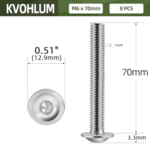 Image of M6-1.0 x 70mm 8 PCS Flanged Button Head Socket Cap Bolts Screws, Stainless Steel 304, Allen Socket Drive, Screwdriver Bit Included, Bright Finish, Fully Machine Thread