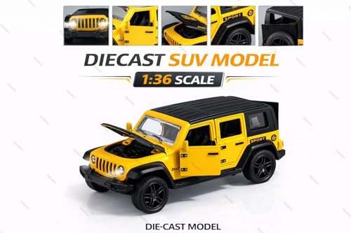 Image of 1:36 Scale Rubicon Car Model - Die-Cast Metal Pull Back SUV with Openable Doors, Lights & Music - Alloy Off-Road Toy Vehicle for Kids, Boys & Collectors (Yellow)