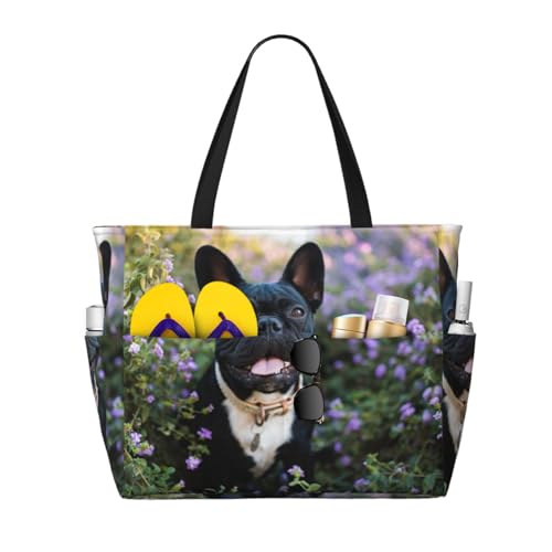 Grand sac de plage bouledogue français pour vos sorties estivales et journées ensoleillées