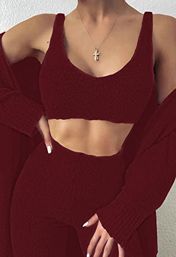 Image of Fixmatti Women's Fuzzy 3 Piece Sweatsuit Open Front Cardigan Crop Tank Tops Wide Legs Pants Lounge Sets
