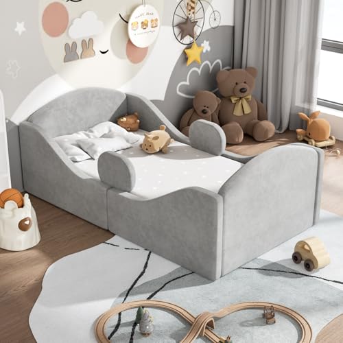 Toddler Floor Bed with Safety Rails, Upholstered, Grey