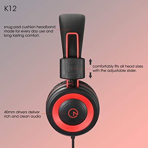 Kids Headphones-Noot Products K12 Foldable Stereo Tangle-Free 5Ft Long Cord 3.5Mm Jack Plug In Wired On-Ear Headset For Ipad/Amazon Kindle,Fire/Boys/Girls/School/Laptop/Travel/Plane/Tablet (Red Black) #TOP2