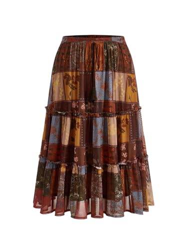 Verdusa Women's Plus Size Boho Printed Ruffle Skirt Drawstring High Waisted Flowy Long Skirts