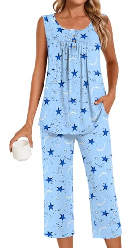 Image of Bestbee Women's Sleeveless Pajama Sets 2 Piece Sleepwear Summer Lounge Outfits Henley Tanks Capri Pants Ladies Pjs