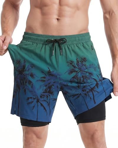 MaaMgic 2 in 1 Badehose für Herren mit Kompression Innenhose | 7 Schnelltrocknend Badeshorts Männer 4 Way Stretch Boardshorts mit Reißverschlusstasche Verstellbar Tunnelzug,XXL,Kokosnuss-grün