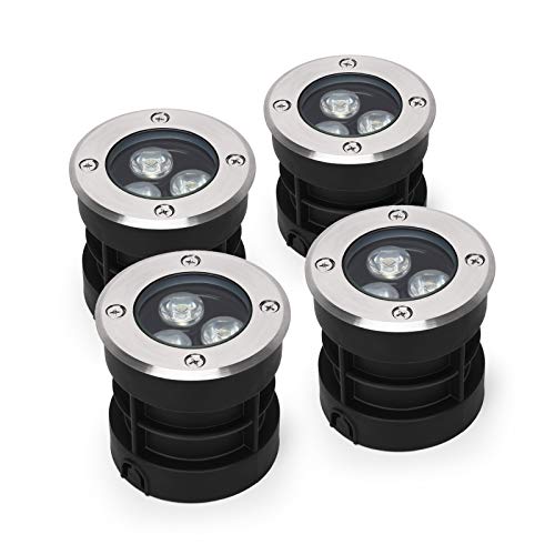Hansiro Lot de 4 spots encastrables au sol à LED 3 W Éclairage d’extérieur carrossable pour jardin et chemin 12/24 V CC Étanchéité IP67 Blanc chaud