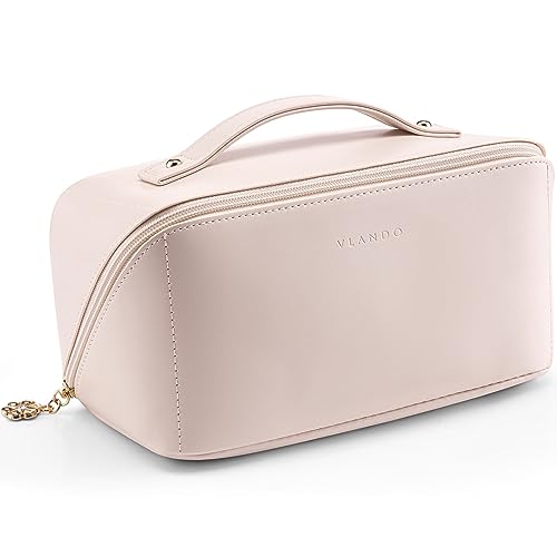 Vlando Makeup Bag,Large Capacity Travel Toiletry Bag,Cosmetic Bags for Women PU Leather Waterproof Portable Pouch with Divider & Handle-Apricot Pink 02.Apricot Pink