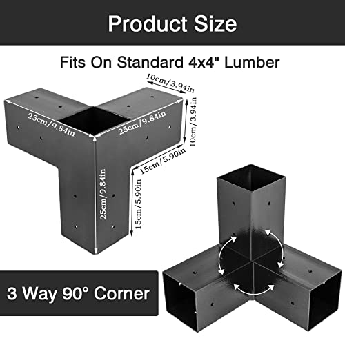 Fmhotu 4 Pack Diy Woodworks Pergola Brackets Kit, 4X4(Actual: 3.6X3.6 Inch) 3-Way Right Angle Corner Bracket, Steel Pergola Bracket With Black Powder Coated For Pergola/Gazebo(Corner, 4X4 4Pcs) #TOP2
