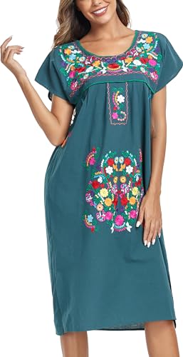 Image of YZXDORWJ Women Mexican Embroidered Long Dress Ruffle Collar Maxi Boho Floral Summer Short Sleeve