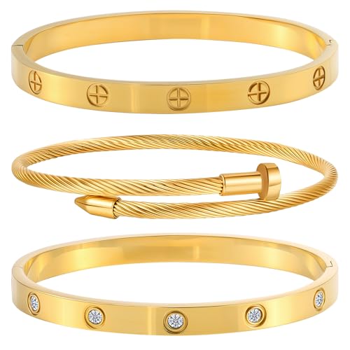 Camhanno Gold Bracelets for Women - Stackable Bangles with Friendship & Love Theme - Stainless Steel Jewelry Gift for Her