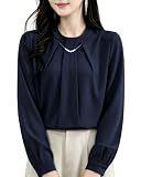 [Ladyangel] ブラウス シャツ レディース パール飾り タック 長袖 トップス クルーネック 体型カバー 着痩せ 可愛い エレガント 女性らしい きれいめ オフィス ビジネス カジュアル 通勤