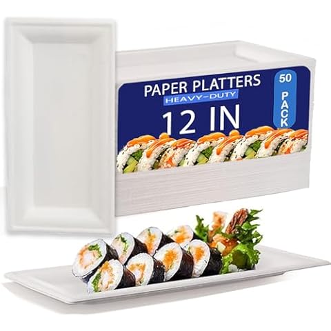 FAMASTON 12IN Disposable paper platter Compostable 12 inch food tray Biodegradable Square Rectangular Heavy-Duty Premium Quality Cake Dinner Plate bbq picnic birthday party 50 Pack Cover