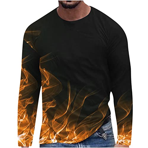 Muscularfit Casual Shirts for Men Fashion Long Sleeve 3D Flame Print Graphic Tee Shirts Loose Fit Crewneck Sweatshirts Fall Big Deal Basic Tees for Men 2024 Black L