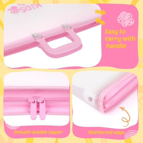 Image of 11x17 Kids Art Portfolio - Accordian File Organizer with 13 Pockets, Art Portfolio for Kids with Handle and Zipper Closure - Oxford Cloth, Frosted Translucent Artwork Folder for Children - Pink