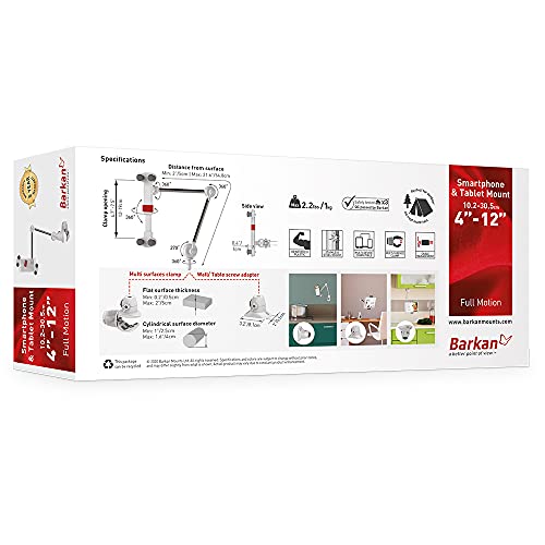 Barkan Tablet Mount Holder For 4-12 Inch Devices, Portable Multi-Position, 360 Degree Rotation Bracket, Fits Apple Ipad/Air/Mini, Samsung Galaxy Tab, Firm Clamp, For Smartphone White/Grey/Silver #TOP4