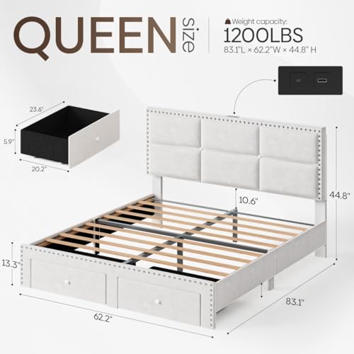 Image of Queen Bed Frame with 2 Storage Drawers, Velvet Upholstered Platform Bed Frame Queen Size with Charging Station, Wooden Slats Support, Noise-Free, No Box Spring Needed, Easy Assembly, White