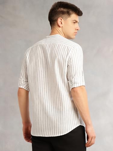 Image of Thomas Scott Men's Slim Fit Cotton Linen Casual Shirt with Mandarin Collar | Vertical Stripes | Three-Quarter Roll-Up Sleeves