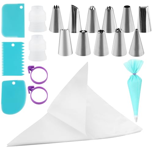 Juego de 110 mangas pasteleras y boquillas desechables de 30,5 cm con 1 manga pastelera, 2 acoplamientos, 12 boquillas de glaseado, 2 cierres de bolsa, 3 espátulas para tartas