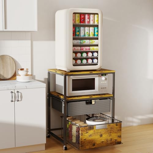 Image of Hadulcet 4-tier Mini Fridge Stand with Storage Drawer - Rolling Fridge Cabinet with Wheels, Heavy Duty 21.6"L* 22.8"W Fridge Cart, Sturdy Metal Frame, for Home, Apartment, Office, Dorm, Rustic Brown